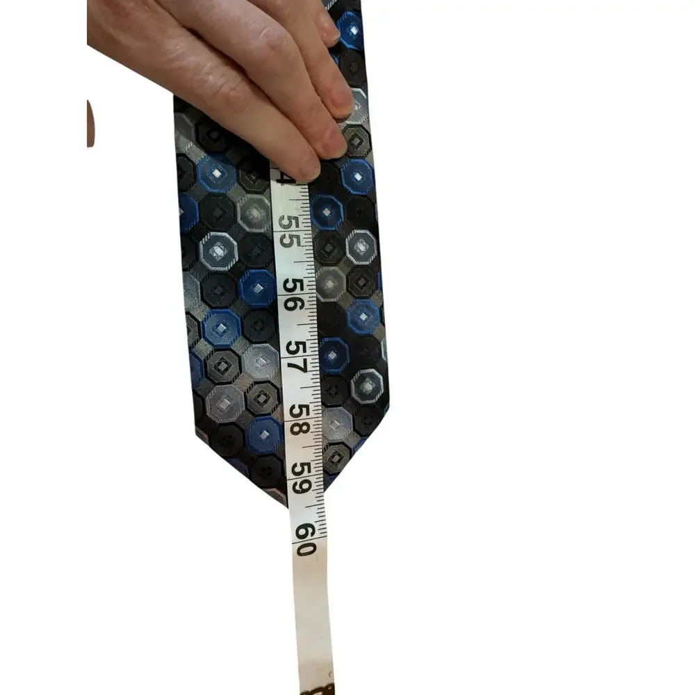VTG Croft & Barrow‎ Blue Black Silver Geometric Silk Necktie Hexagon Pattern Tie